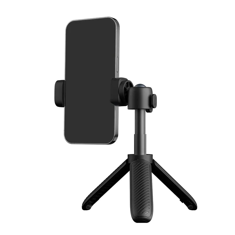 Ein schwarzes Smartphone auf einem kompakten Stativständer mit verstellbarem Griff.