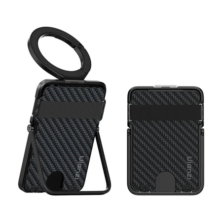 Das Ulanzi ML25 Wallet mit ausgefahrenem MagLock-Karabiner und aufgestelltem, klappbarem Standfuß.