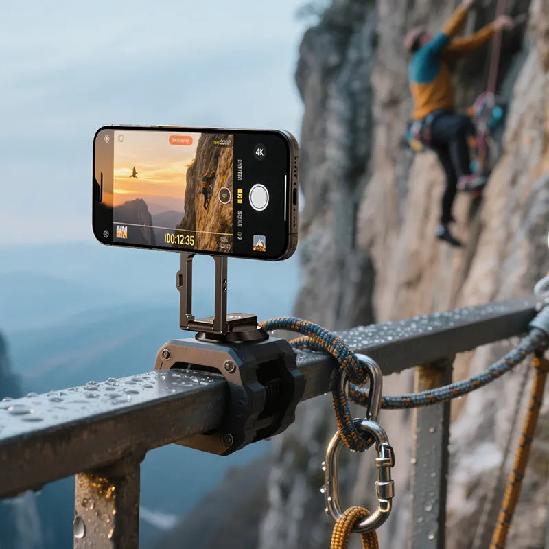 Ein Smartphone, das auf der Ulanzi MA50 Handyhalterung befestigt ist, zeigt eine Landschaftsszene bei Sonnenuntergang.