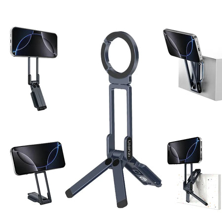 Ulanzi MagLock Phone Stand T163: Dunkelgrauer, vielseitiger Handy-Stativhalter für Mehrfachnutzung mit Stativmodus.