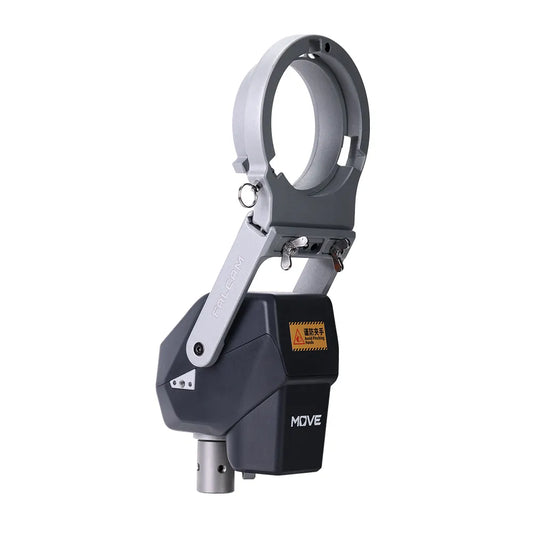 Seitenansicht des ferngesteuerten Beleuchtungssystems FALCAM MOVE, das über einen robusten Klemmmechanismus mit einem Sicherheitswarnschild verfügt, um Handverletzungen bei der Bedienung zu vermeiden.