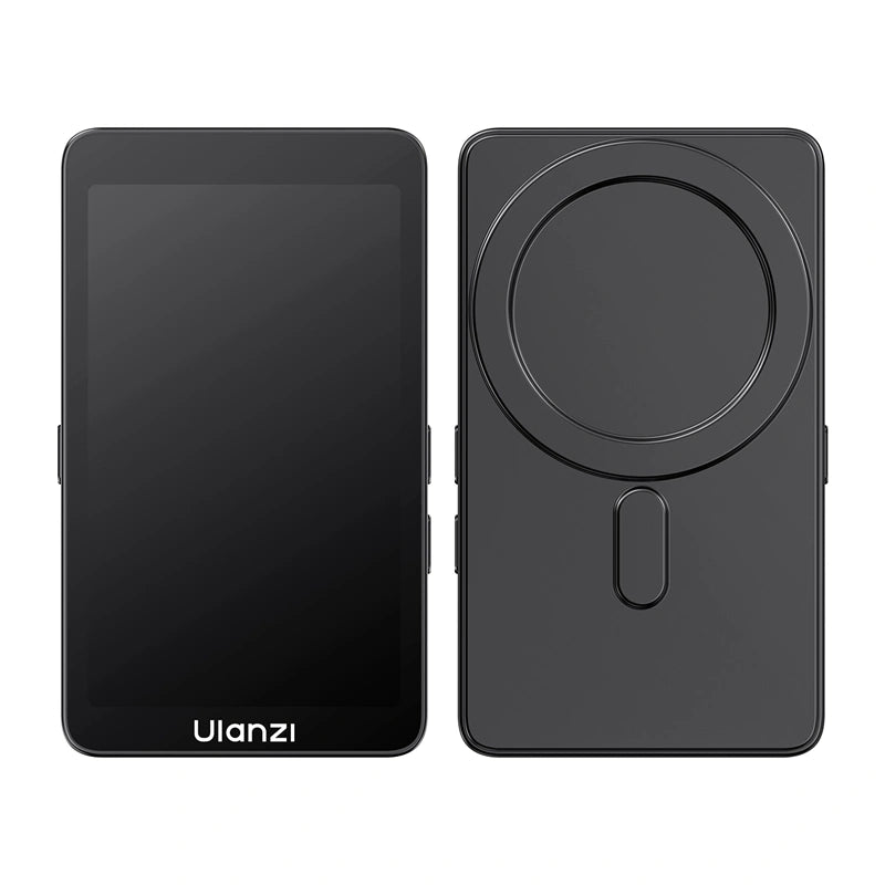 Frontansicht des schwarzen Ulanzi VM1 Vlog‑Monitor‑Bildschirms und seiner magnetischen Rückseite.