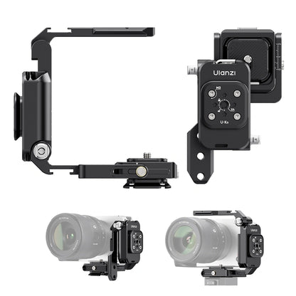 Ulanzi XJ01 Universal Faltbarer Uka Kamerakäfig in zwei Konfigurationen sowie an Sony Alpha Kamera montiert mit Anwendungs-Beispielen