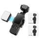 Ulanzi LM001 Pocket 3 Magnetische Mini-LED-Leuchte am DJI Pocket 3 mit blauem Magnetstrahl-Effekt und Modi-Vergleich rechts