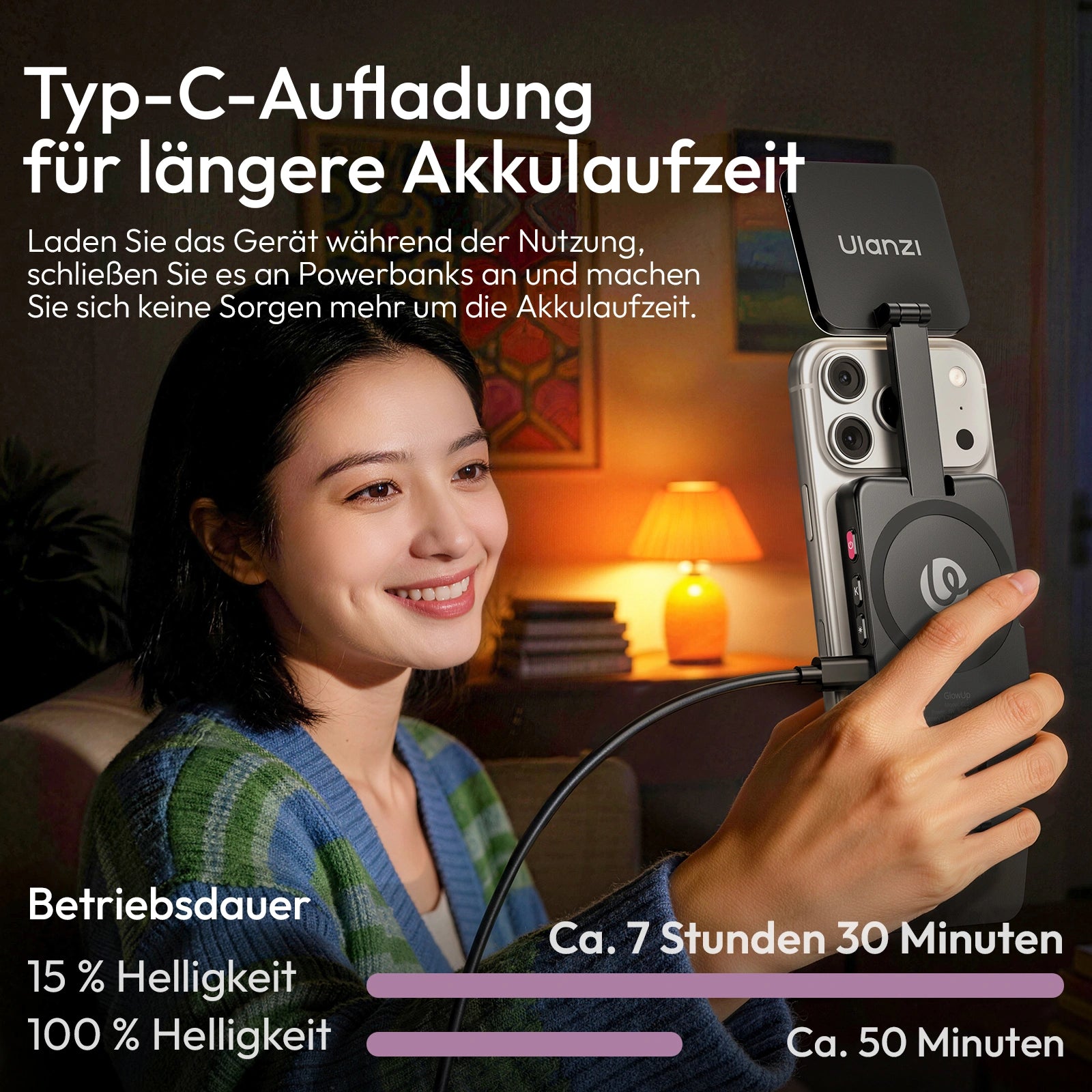 Ulanzi GL01 GlowUp Licht mit Typ‑C‑Aufladung für lange Akkulaufzeit, nutzbar während des Ladens – ideal für Selfies, Vlogs und Live‑Streams.