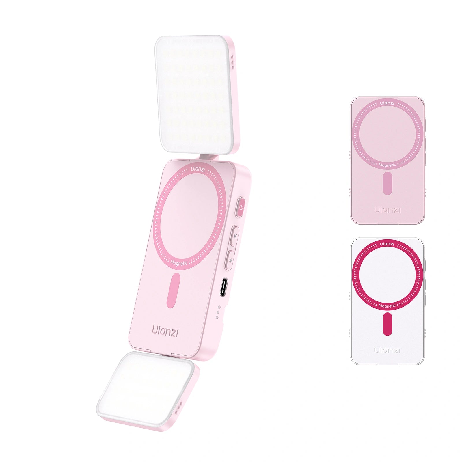 Ulanzi GL01 GlowUp Licht in Rosa und Weiß: Doppelseitige LED-Paneele, magnetische Befestigung und intuitive Bedientasten für Selfies, Vlogs und Live-Streaming.