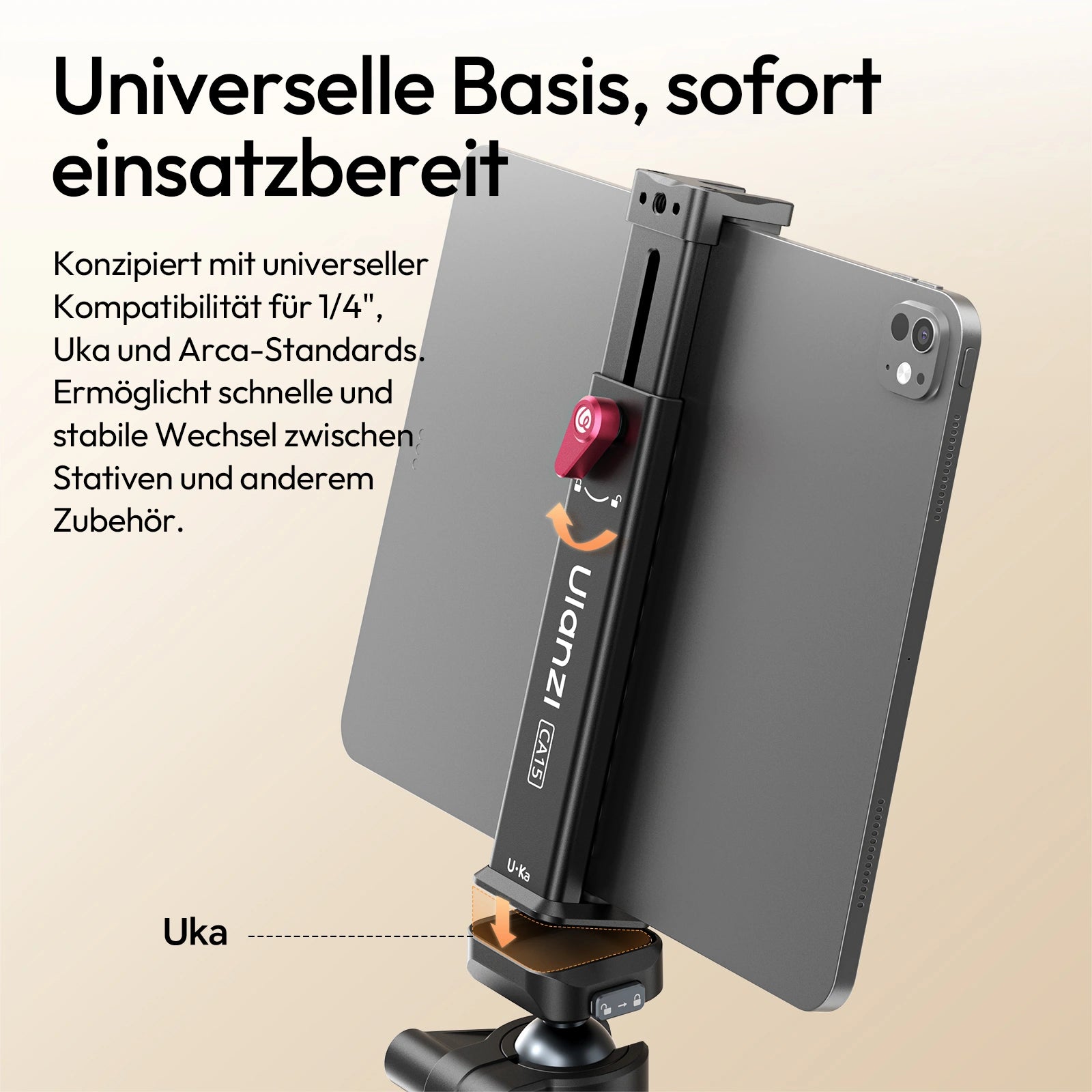 Ulanzi CA15 Tablet-Klemme mit universeller 1/4"-Aufnahme, kompatibel mit Uka und Arca, für einen stabilen Aufbau.