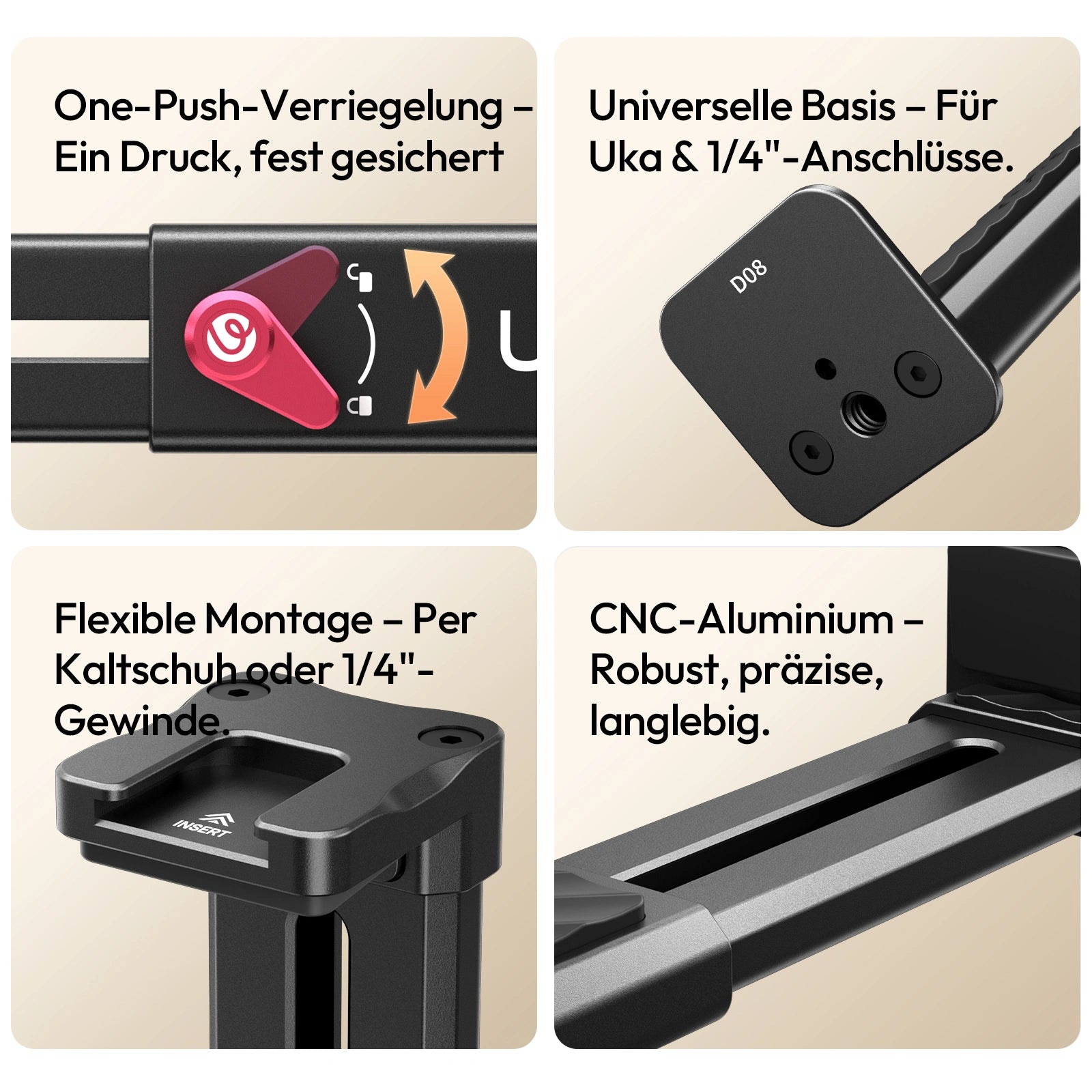 Ulanzi CA15 OneLock Tablet-Halterung C072: CNC-gefräste Aluminiumkonstruktion, Ein-Klick-Verriegelung, universelle 1/4"- und Blitzschuh-Befestigungen.