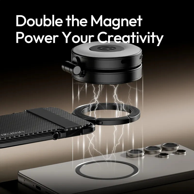 Magnetische Komponenten richten sich präzise über einem Smartphone aus und veranschaulichen die doppelte Magnetkraft für einen verstärkten Halt.