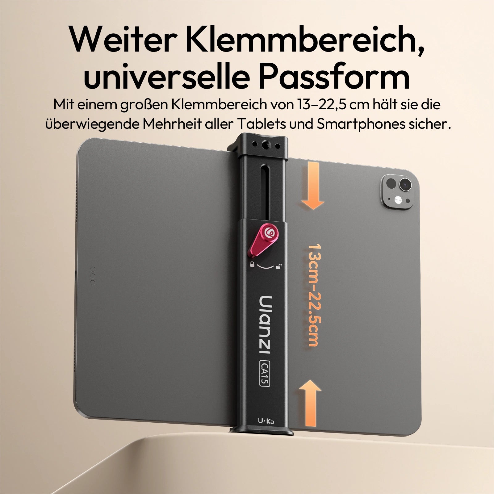 Ulanzi CA15 OneLock Tablet-Halterung zur Befestigung eines Tablets, mit einem Klemmbereich von 13–22,5 cm.