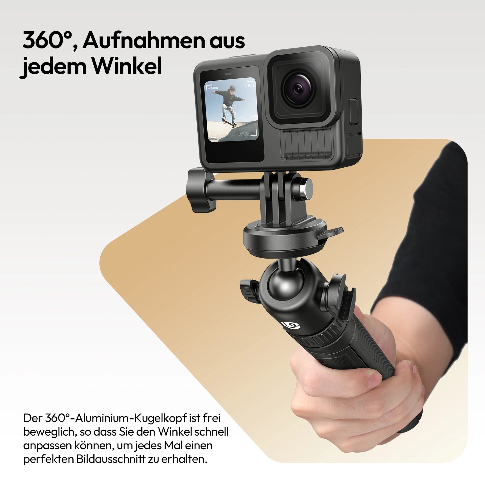 Ulanzi MT90 quick-release stativ mit einer GoPro-Kamera, das die 360-Grad-Drehung für flexible Aufnahmewinkel demonstriert.