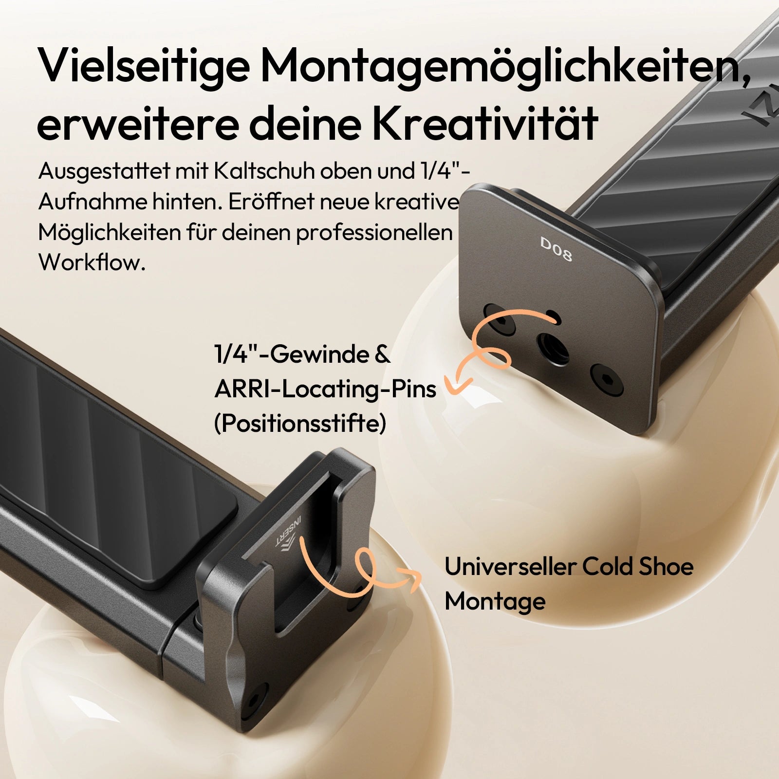 Die Tablet-Halterung Ulanzi CA15 OneLock verfügt über einen Kaltschuh, eine 1/4-Zoll-Halterung und ARRI-Positionierungsstifte.