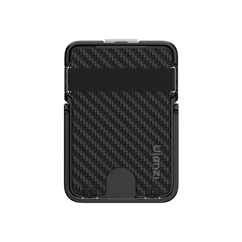 Das Ulanzi ML25 Ultra-Slim MagSafe Wallet mit elastischem Halteband und Carbon-Faser-Optik.