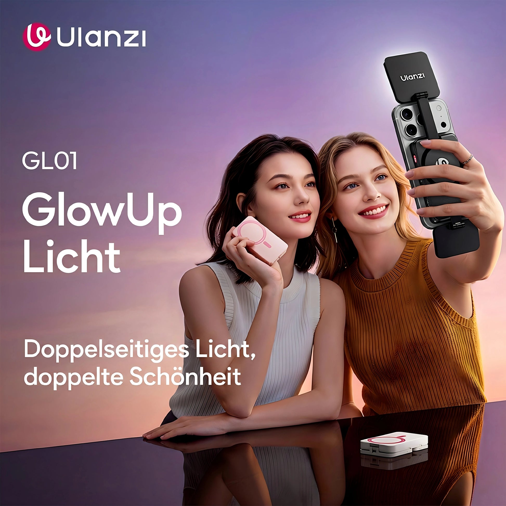 Ulanzi GL01 GlowUp Licht: Doppelseitiges Licht für doppelte Schönheit – ideal für Selfies, Vlogs und kreative Aufnahmen mit natürlichem, schmeichelndem Licht.