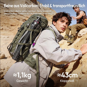 Ulanzi TZ01 Carbon-Fiber Stativ Frontansicht in voller Höhe