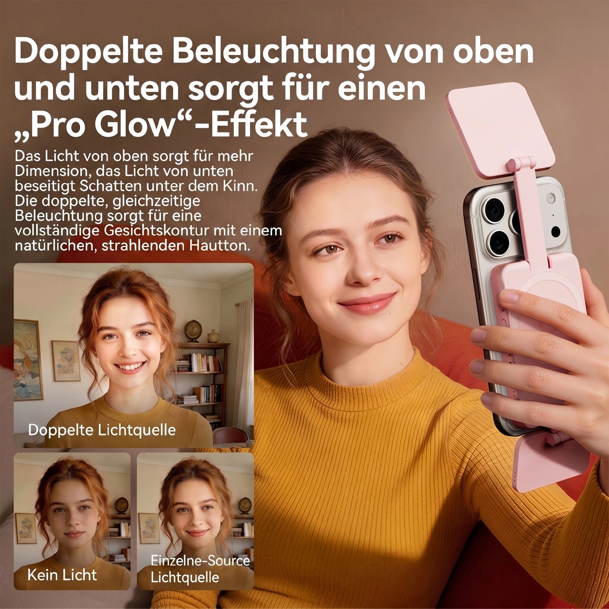 Ulanzi GL01 GlowUp Licht mit doppeltem Licht von oben und unten für den „Pro Glow“-Effekt: Schattenfreie Ausleuchtung, definierte Gesichtskontur und natürlicher, strahlender Hautton.