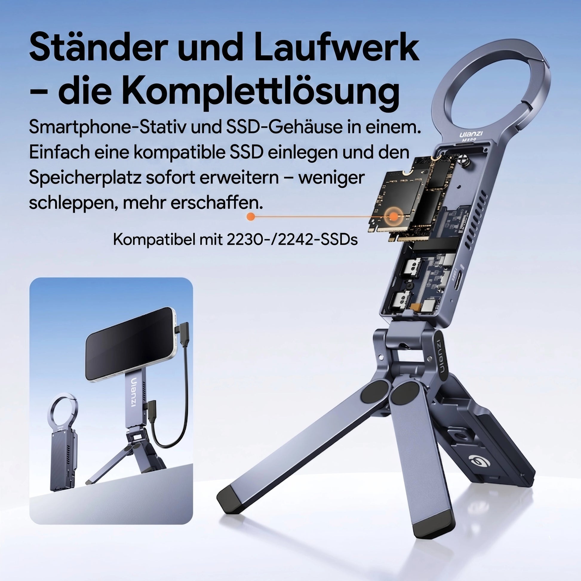 Vielseitiges Gerät mit integriertem Handyständer und SSD‑Gehäuse für praktische Aufbewahrung und flexible Nutzung unterwegs.