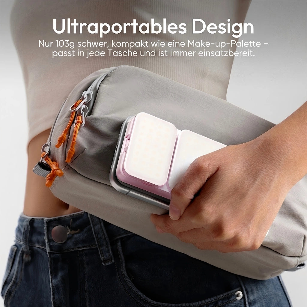Ulanzi GL01 GlowUp Licht: Ultraportables Design – nur 103g schwer, kompakt wie eine Make-up-Palette, passt in jede Tasche und ist jederzeit einsatzbereit.