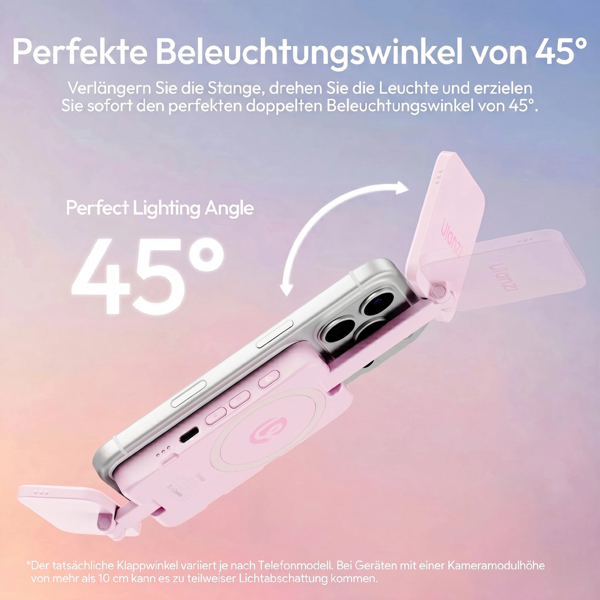 Ulanzi GL01 GlowUp Licht mit perfekten 45° Beleuchtungswinkeln: Verstellbare Leuchten für doppelte Ausleuchtung, ideal für weiches, schattenfreies Licht bei Selfies und Vlogs.