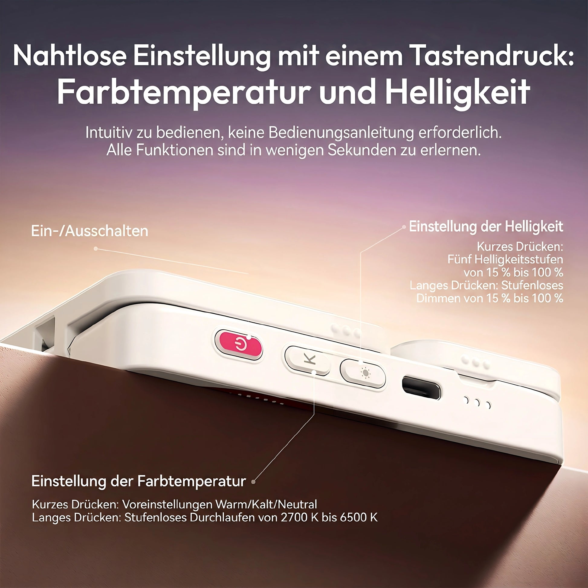 Ulanzi GL01 GlowUp Licht mit intuitiver Einstellung: Nahtlose Anpassung von Farbtemperatur (2700K–6500K) und Helligkeit per Tastendruck – keine Bedienungsanleitung erforderlich.