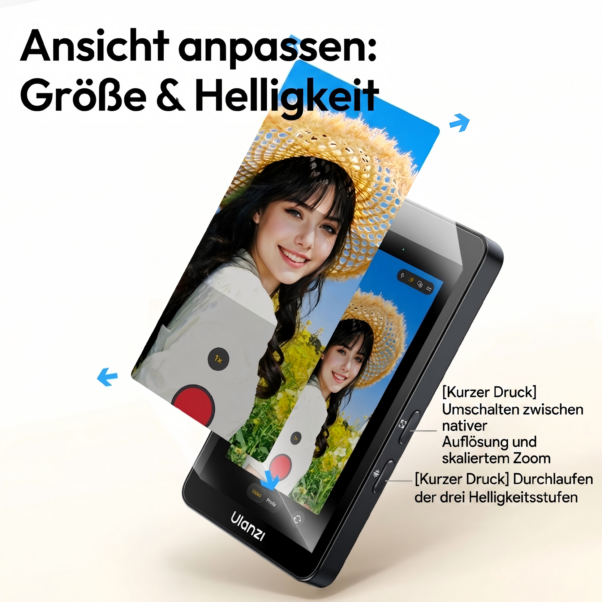 Ulanzi Vlog Selfie-Monitor mit anpassbarer Ansicht: Einstellung von Größe und Helligkeit via Kurzdruck – skalierter Zoom und drei Helligkeitsstufen für perfekte Aufnahmen.