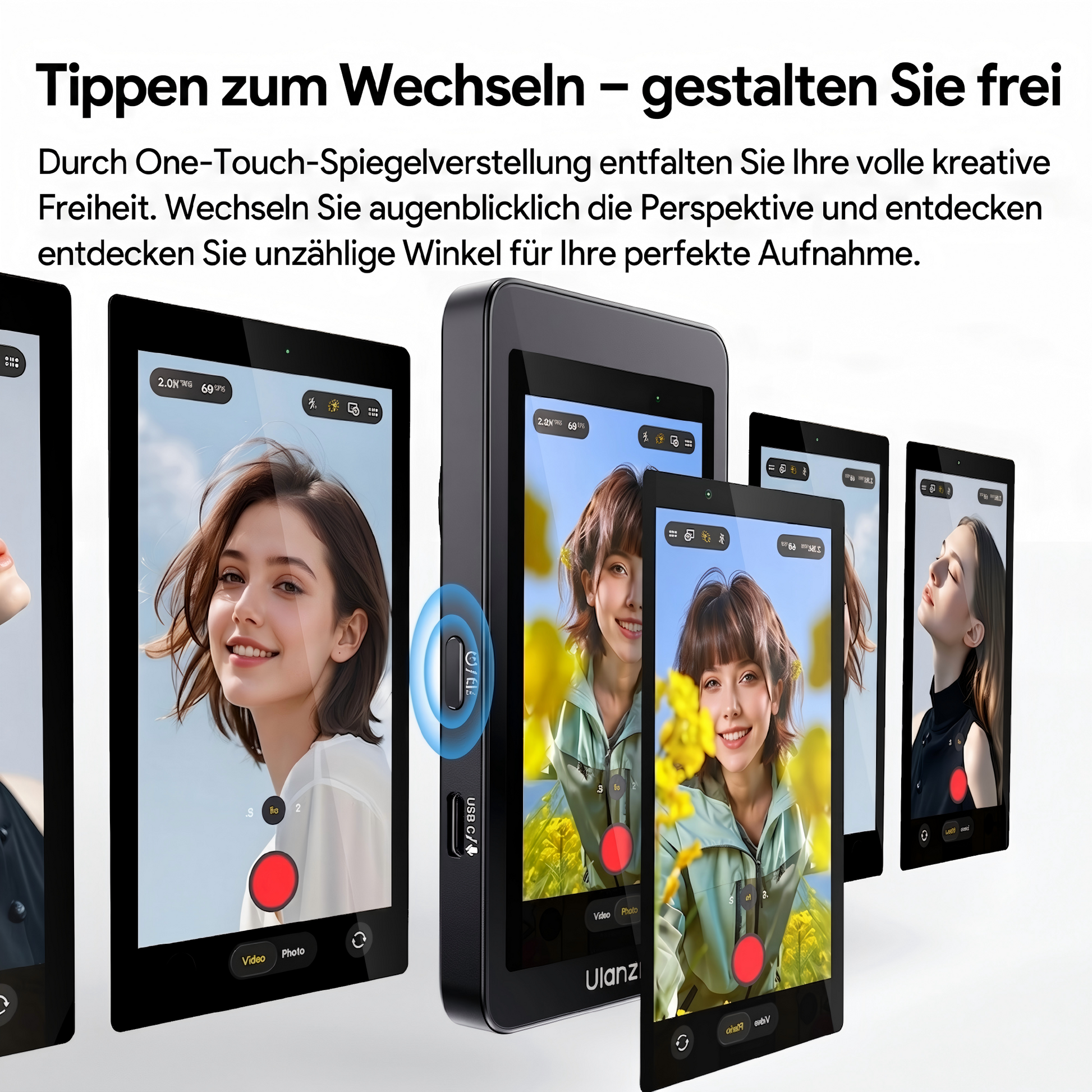 Ulanzi Vlog Selfie-Monitor mit One-Touch-Spiegelverstellung: Tippen zum Wechseln der Perspektive für maximale kreative Freiheit bei Selfies und Vlogs.
